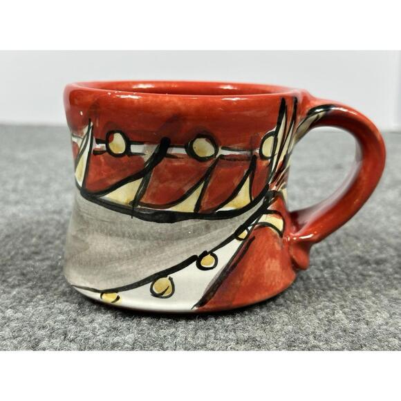 Karin Kraemer Mug Red Earthenware Majolica Glaze Hand Decorated Angler Fish - Picture 1 of 9